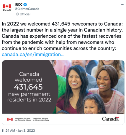 [加拿大移民] 12月工作岗位猛增10万，加拿大表示：1年登陆43万新移民仍不够！